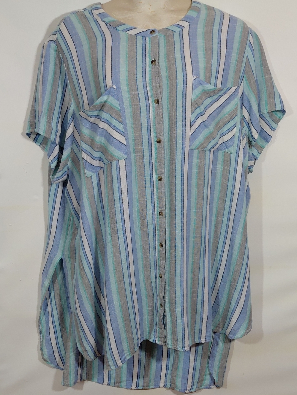 Woman Within Linen Blend Striped Button-Front Short Sleeve Cover-Up Lounge Top3X